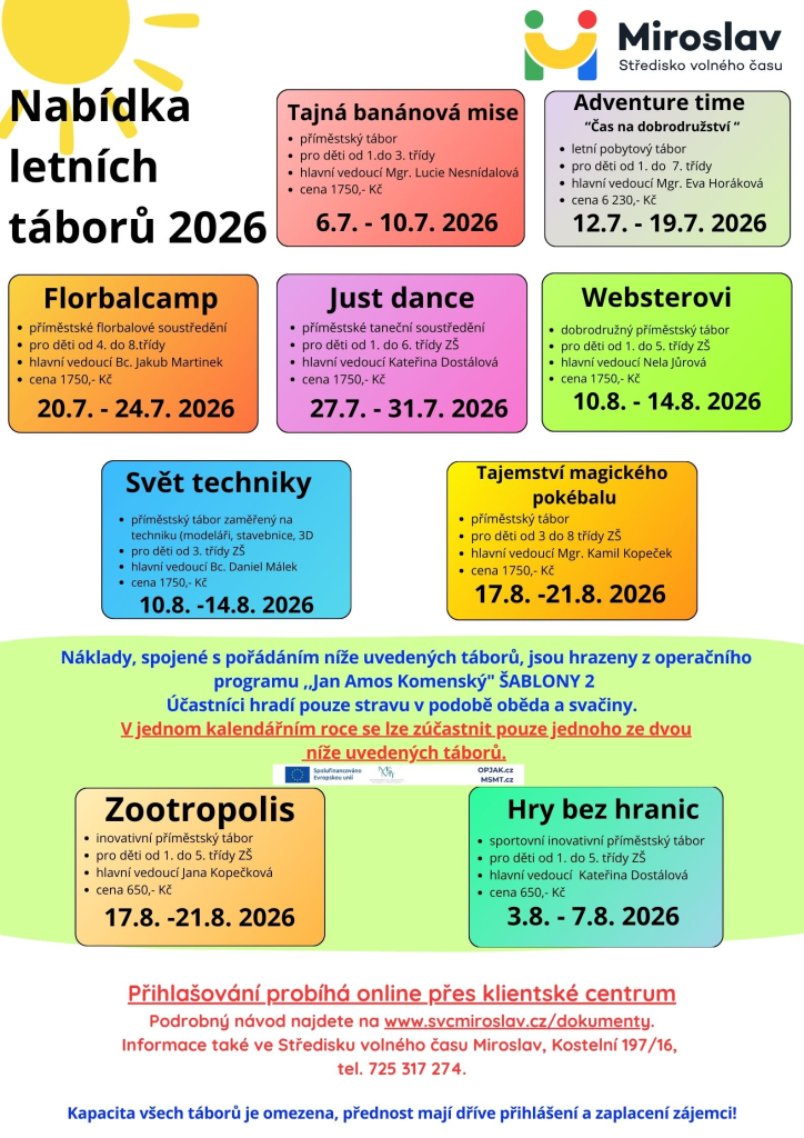 Přinášíme souhrnný přehled LETNÍCH TÁBORŮ. 